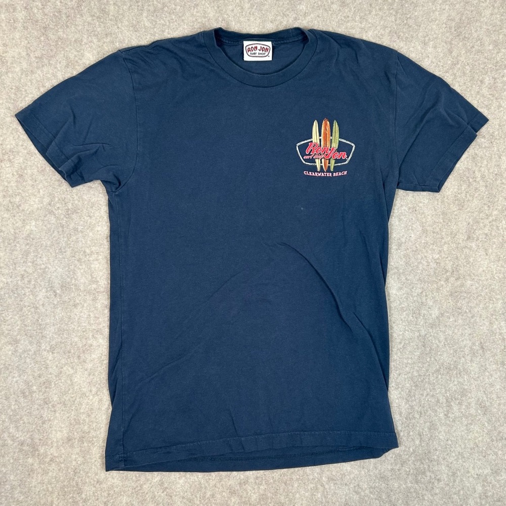 Ron Jon Surf Shop T-Shirt Mens Small Blue Clearwater Beach Surfboard Graphic
